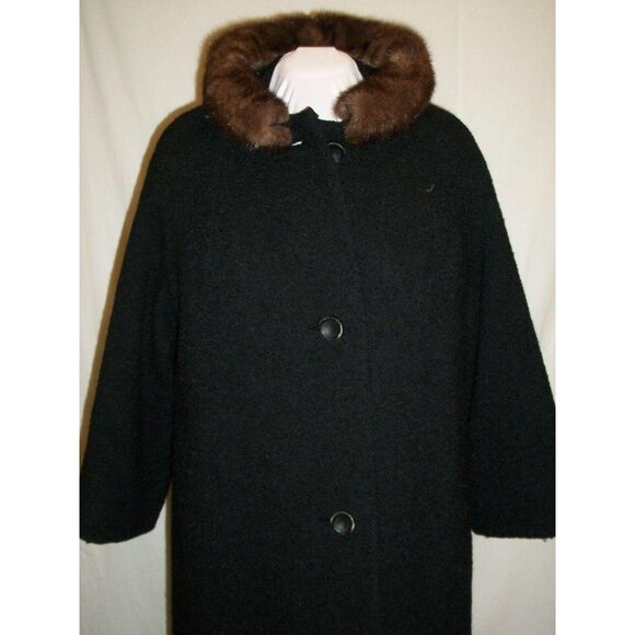 Vintage Fortsmann Black Wool Woman's 60s Era Mink Collar Coat Boucle Brynwood - Picture 1 of 11